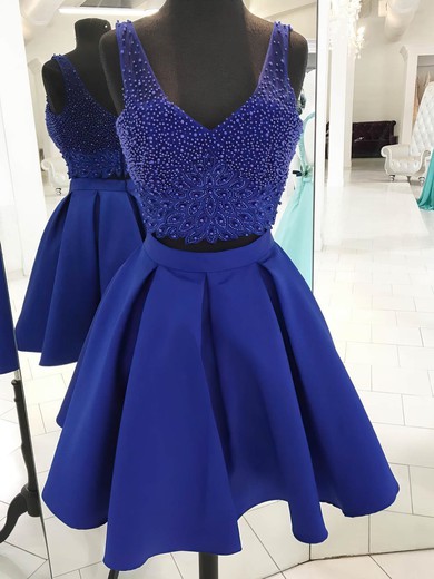 Satin Tulle A-line V-neck Short/Mini Beading Prom Dresses #JCD020106376
