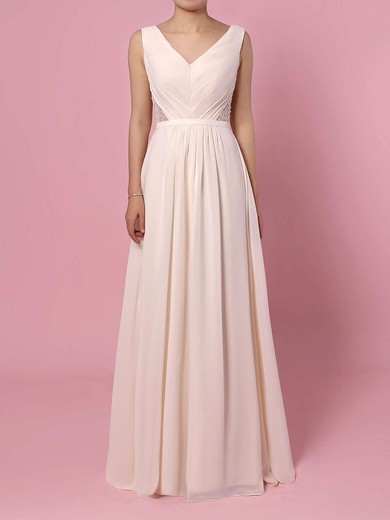 Chiffon A-line V-neck Floor-length Lace Bridesmaid Dresses #JCD01013470