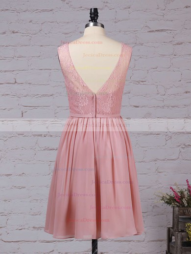 Lace Chiffon A-line V-neck Knee-length Sashes / Ribbons Bridesmaid Dresses #JCD01013497