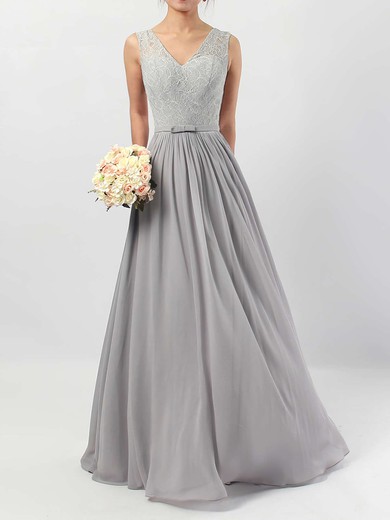 Lace Chiffon A-line V-neck Floor-length Sashes / Ribbons Bridesmaid Dresses #JCD01013498