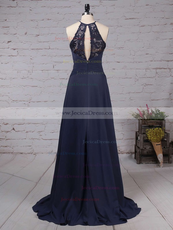 Lace Chiffon A-line Scoop Neck Sweep Train Bow Bridesmaid Dresses #JCD01013505