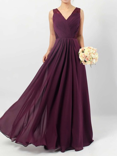 Lace Chiffon A-line V-neck Floor-length Ruffles Bridesmaid Dresses #JCD01013513
