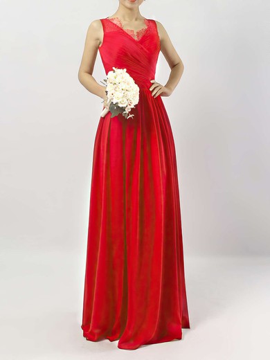 Chiffon A-line V-neck Ankle-length Lace Bridesmaid Dresses #JCD01013532