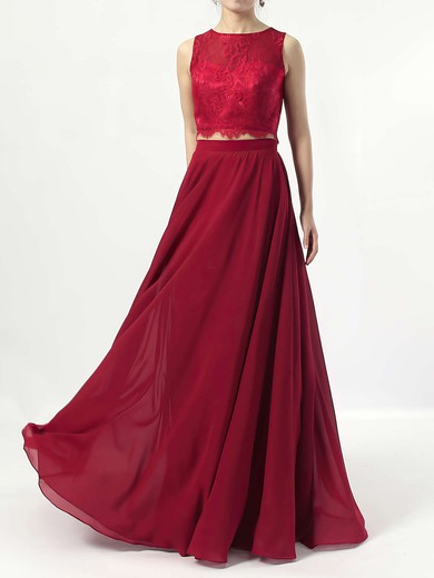 A-line Scoop Neck Lace Chiffon Floor-length Bridesmaid Dresses #JCD01013541