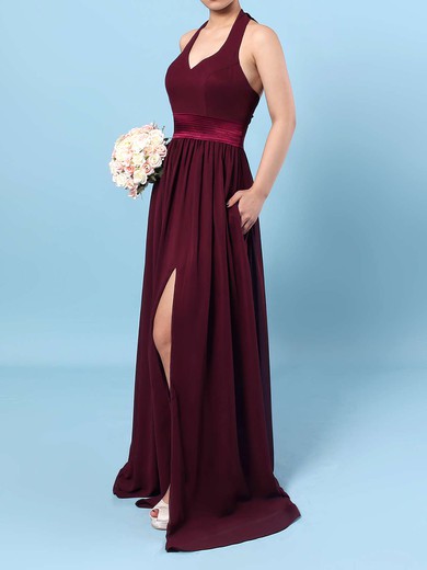 Chiffon A-line Halter Floor-length Sashes / Ribbons Bridesmaid Dresses #JCD01013563