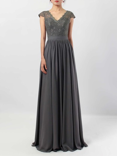 A-line V-neck Lace Chiffon Floor-length Sashes / Ribbons Bridesmaid Dresses #JCD01013569