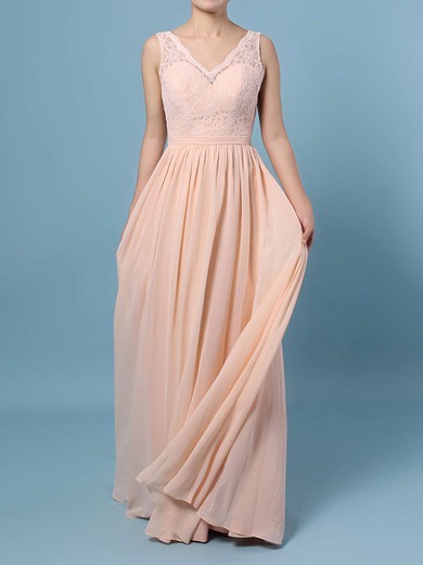 Lace Chiffon A-line V-neck Floor-length Sashes / Ribbons Bridesmaid Dresses #JCD01013574