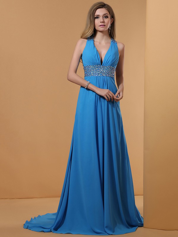 Original V-neck Beading and Sweep Train Blue Chiffon Prom Dress #JCD02014346