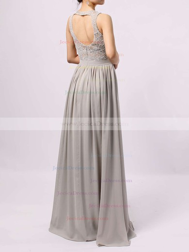 A-line Scoop Neck Lace Chiffon Floor-length Sashes / Ribbons Bridesmaid Dresses #JCD01013584