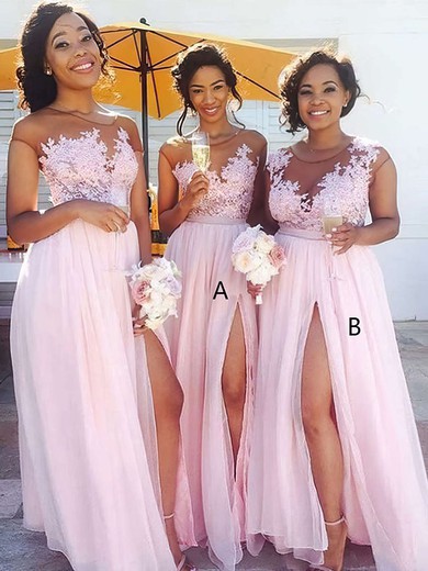 Chiffon Tulle A-line Scoop Neck Floor-length Appliques Lace Bridesmaid Dresses #JCD01013668