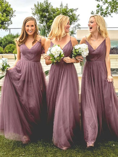 Tulle A-line V-neck Floor-length Ruffles Bridesmaid Dresses #JCD01013670