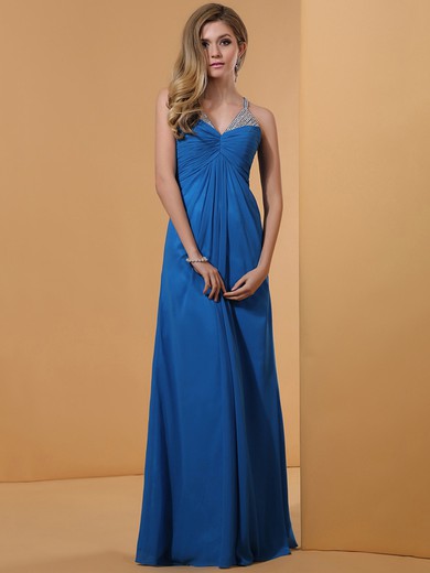 Beautiful V-neck Spaghetti Straps Beading Royal Blue Chiffon Empire Prom Dress #JCD02014347