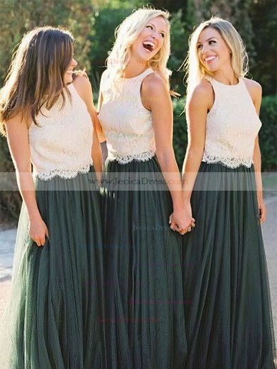 Tulle A-line Scoop Neck Floor-length Lace Bridesmaid Dresses #JCD01013676