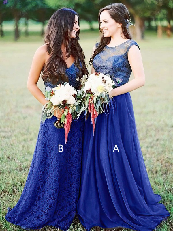Tulle A-line Scoop Neck Sweep Train Lace Bridesmaid Dresses #JCD01013680