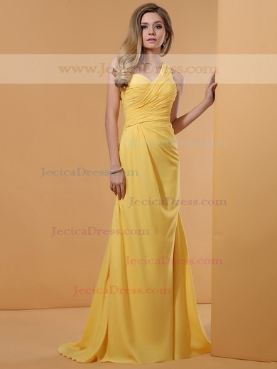 Nicest Sheath/Column Yellow Chiffon Crystal Detailing One Shoulder Prom Dresses #JCD02023191