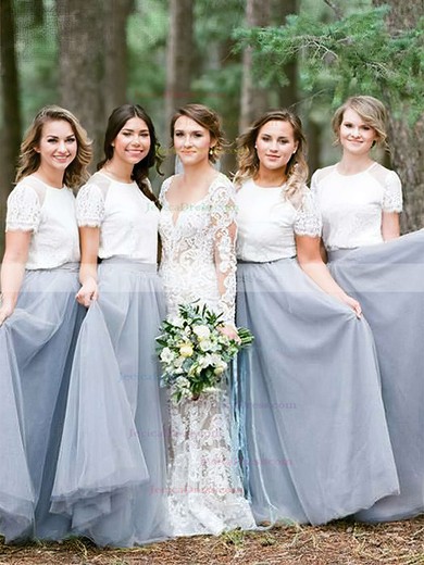 Tulle A-line Scoop Neck Floor-length Lace Bridesmaid Dresses #JCD01013688
