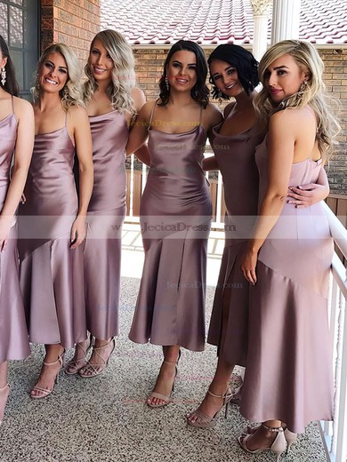 Silk-like Satin Sheath/Column Cowl Neck Tea-length Bridesmaid Dresses #JCD01013693