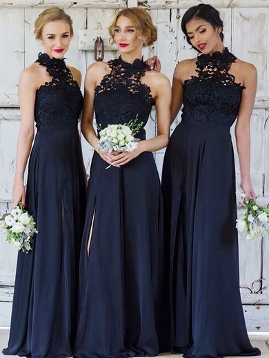 Lace Chiffon A-line High Neck Floor-length Split Front Bridesmaid Dresses #JCD01013694