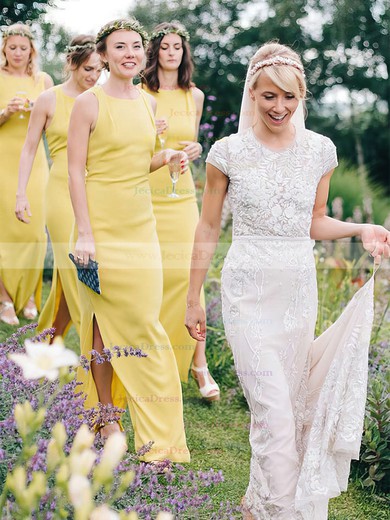 Silk-like Satin Sheath/Column Scoop Neck Ankle-length Split Front Bridesmaid Dresses #JCD01013696