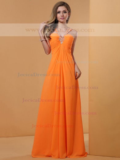 Orange Chiffon V-neck Crystal Detailing Open Back Empire Prom Dress #JCD02014348