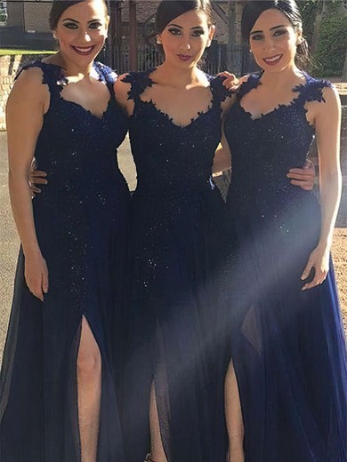 Chiffon A-line V-neck Floor-length Appliques Lace Bridesmaid Dresses #JCD01013719