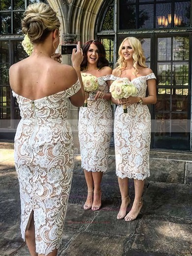 Lace Sheath/Column Off-the-shoulder Tea-length Bridesmaid Dresses #JCD01013721