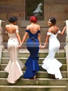 Silk-like Satin Trumpet/Mermaid Off-the-shoulder Asymmetrical Sashes / Ribbons Bridesmaid Dresses #JCD01013727