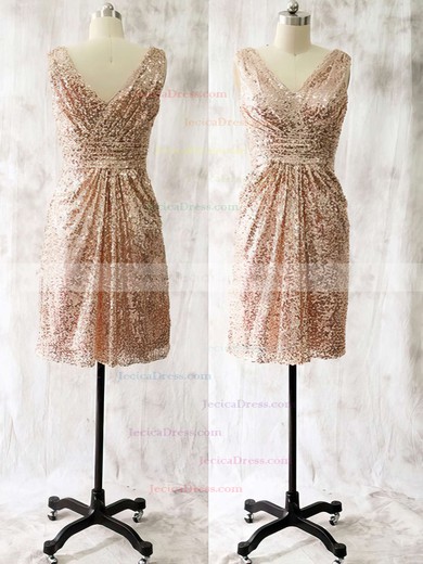 Sequined A-line V-neck Knee-length Ruffles Bridesmaid Dresses #JCD01013728