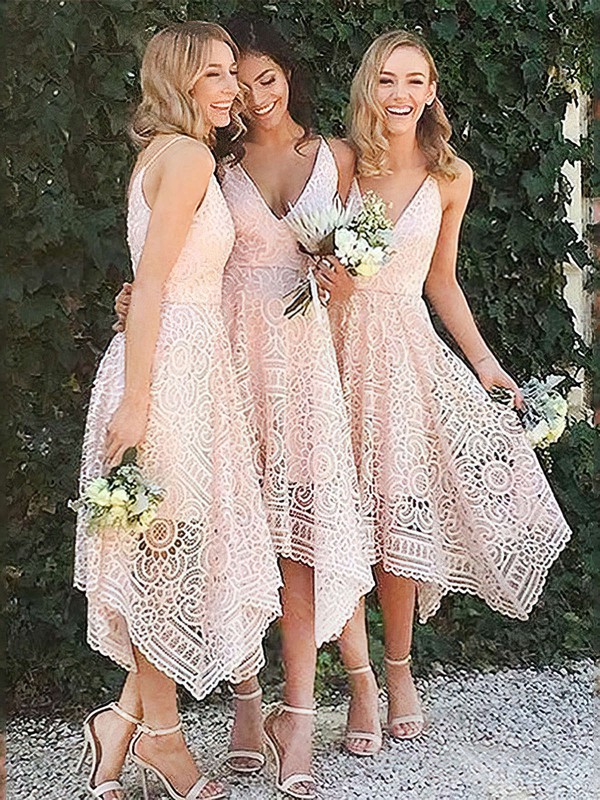 Lace A-line V-neck Tea-length Bridesmaid Dresses #JCD01013596