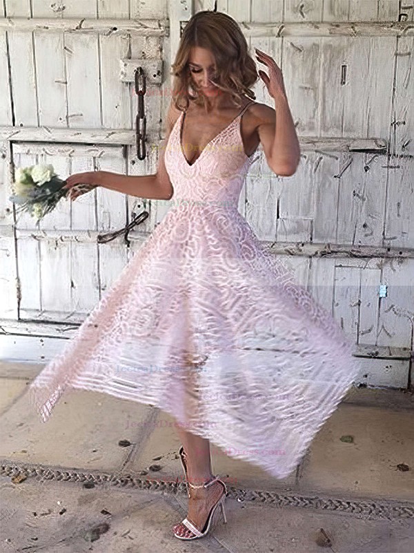 Lace A-line V-neck Tea-length Bridesmaid Dresses #JCD01013596