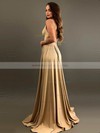 Silk-like Satin A-line V-neck Sweep Train Split Front Bridesmaid Dresses #JCD01013597