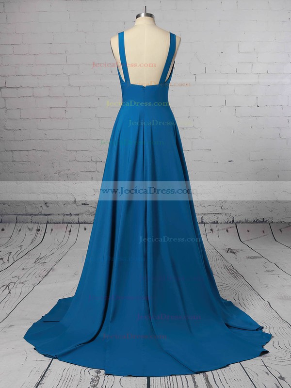 Silk-like Satin A-line V-neck Sweep Train Split Front Bridesmaid Dresses #JCD01013598