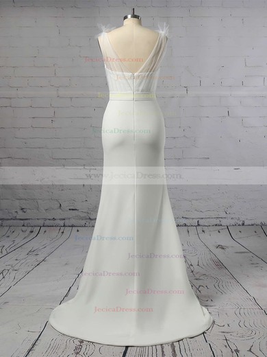 Tulle Stretch Crepe Trumpet/Mermaid V-neck Sweep Train Sashes / Ribbons Bridesmaid Dresses #JCD01013603