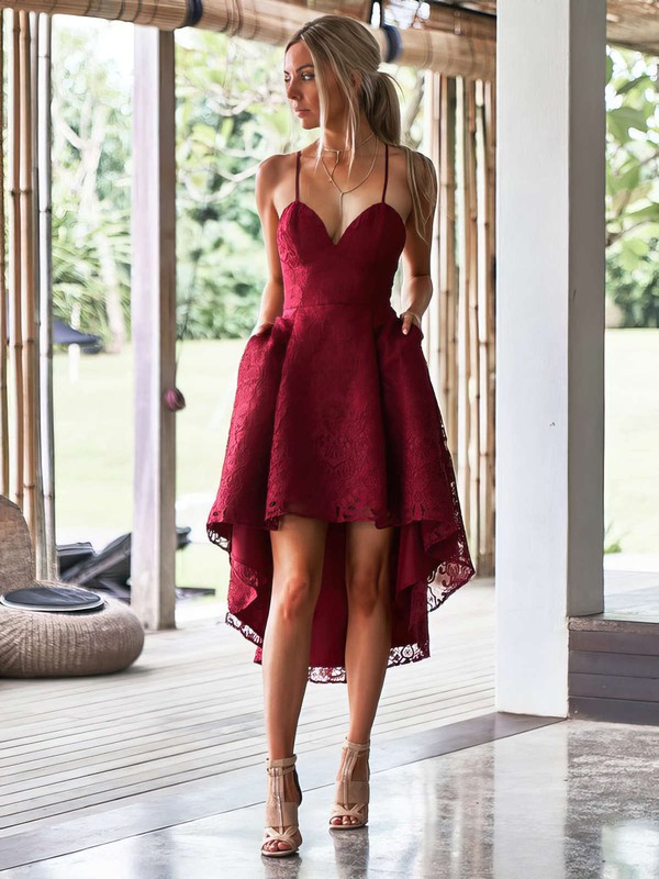 Lace A-line V-neck Asymmetrical Pockets Bridesmaid Dresses #JCD01013614
