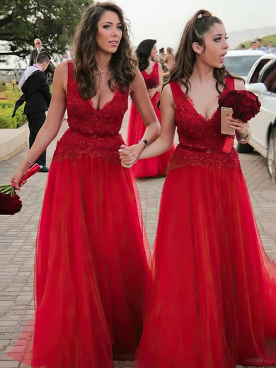 Tulle A-line V-neck Floor-length Lace Bridesmaid Dresses #JCD01013636