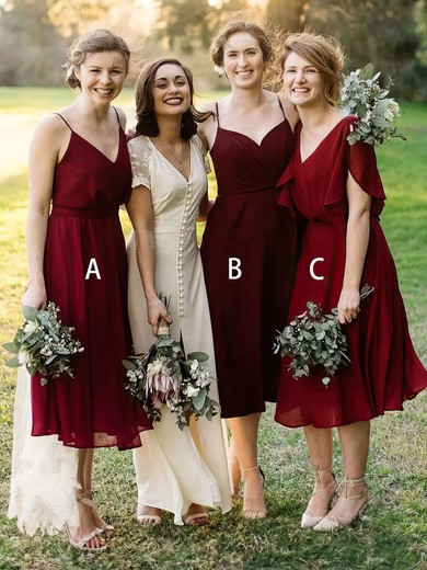 Chiffon A-line V-neck Tea-length Bridesmaid Dresses #JCD01013637