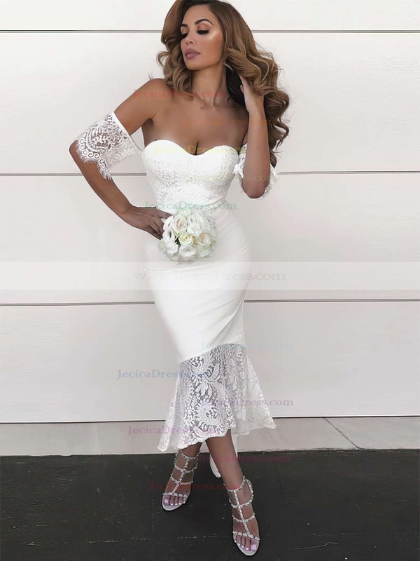 Silk-like Satin Trumpet/Mermaid Off-the-shoulder Asymmetrical Lace Bridesmaid Dresses #JCD01013638