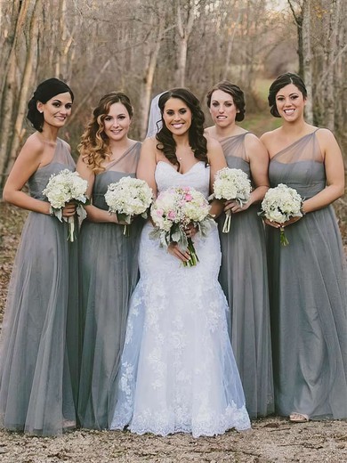 Tulle A-line One Shoulder Floor-length Bridesmaid Dresses #JCD01013660