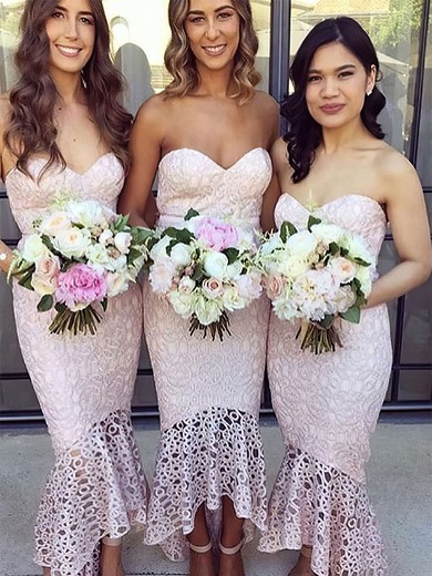 Lace Trumpet/Mermaid Sweetheart Asymmetrical Bridesmaid Dresses #JCD01013663