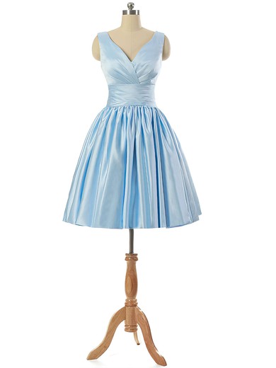 V-neck Light Sky Blue Satin Lace-up Pleats Short/Mini Bridesmaid Dresses #JCD010020101795