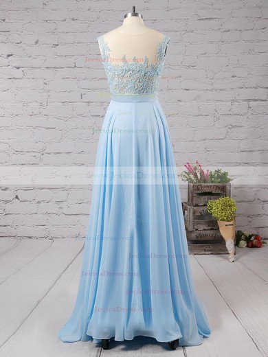 Affordable Scoop Neck Blue Chiffon Tulle Appliques Lace Floor-length Bridesmaid Dresses #JCD010020101989