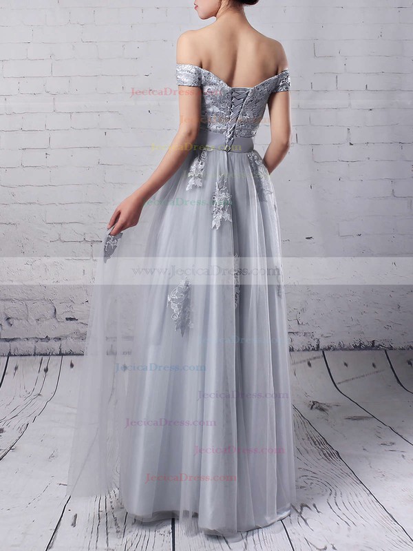 New A-line Gray Tulle Appliques Lace Off-the-shoulder Bridesmaid Dresses #JCD010020102047