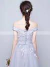 New A-line Gray Tulle Appliques Lace Off-the-shoulder Bridesmaid Dresses #JCD010020102047