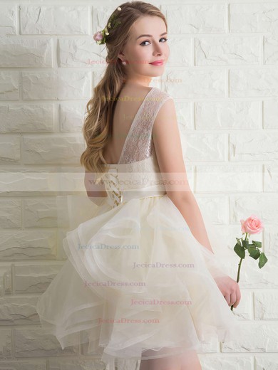Wholesale Scoop Neck Lace Tulle with Bow Short/Mini Bridesmaid Dresses #JCD010020102158