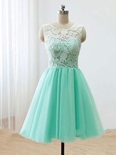 Scoop Neck Tulle with Lace Covered Buttons Short/Mini Bridesmaid Dresses #JCD010020102213