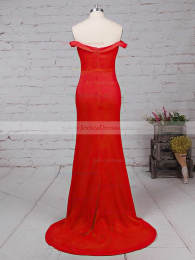 Sheath/Column Off-the-shoulder Red Silk-like Satin Ruffles Modern Bridesmaid Dresses #JCD010020102332