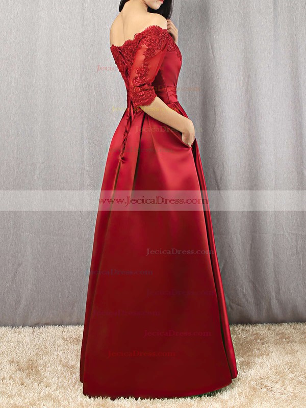 A-line Off-the-shoulder Satin Floor-length Appliques Lace Burgundy Bridesmaid Dresses #JCD010020102406