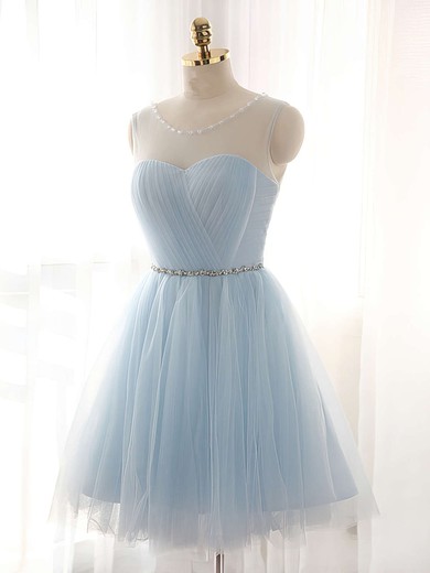 Pretty A-line Scoop Neck Tulle Short/Mini Beading Light Sky Blue Bridesmaid Dresses #JCD010020102518