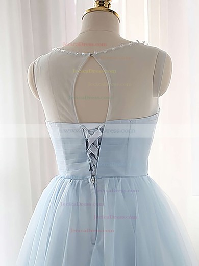 Pretty A-line Scoop Neck Tulle Short/Mini Beading Light Sky Blue Bridesmaid Dresses #JCD010020102518
