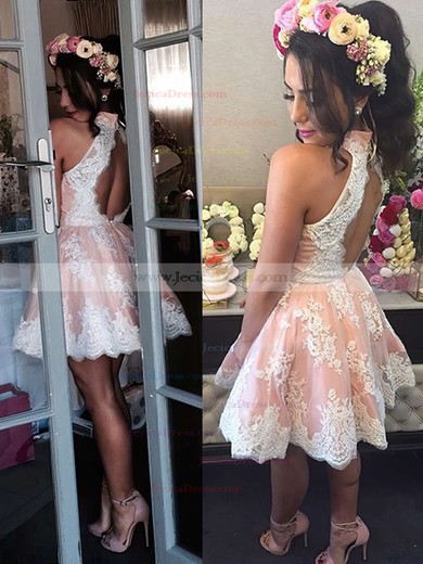 A-line High Neck Best Lace Short/Mini Flower(s) Open Back Bridesmaid Dresses #JCD010020102525